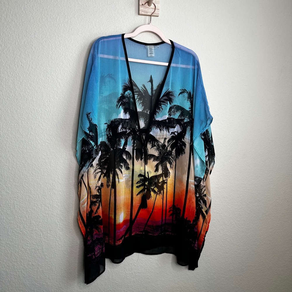 Bleu Rod Beattie Tropical Sunset Palm Tree Sheer Swim Cover Up Kaftan Medium